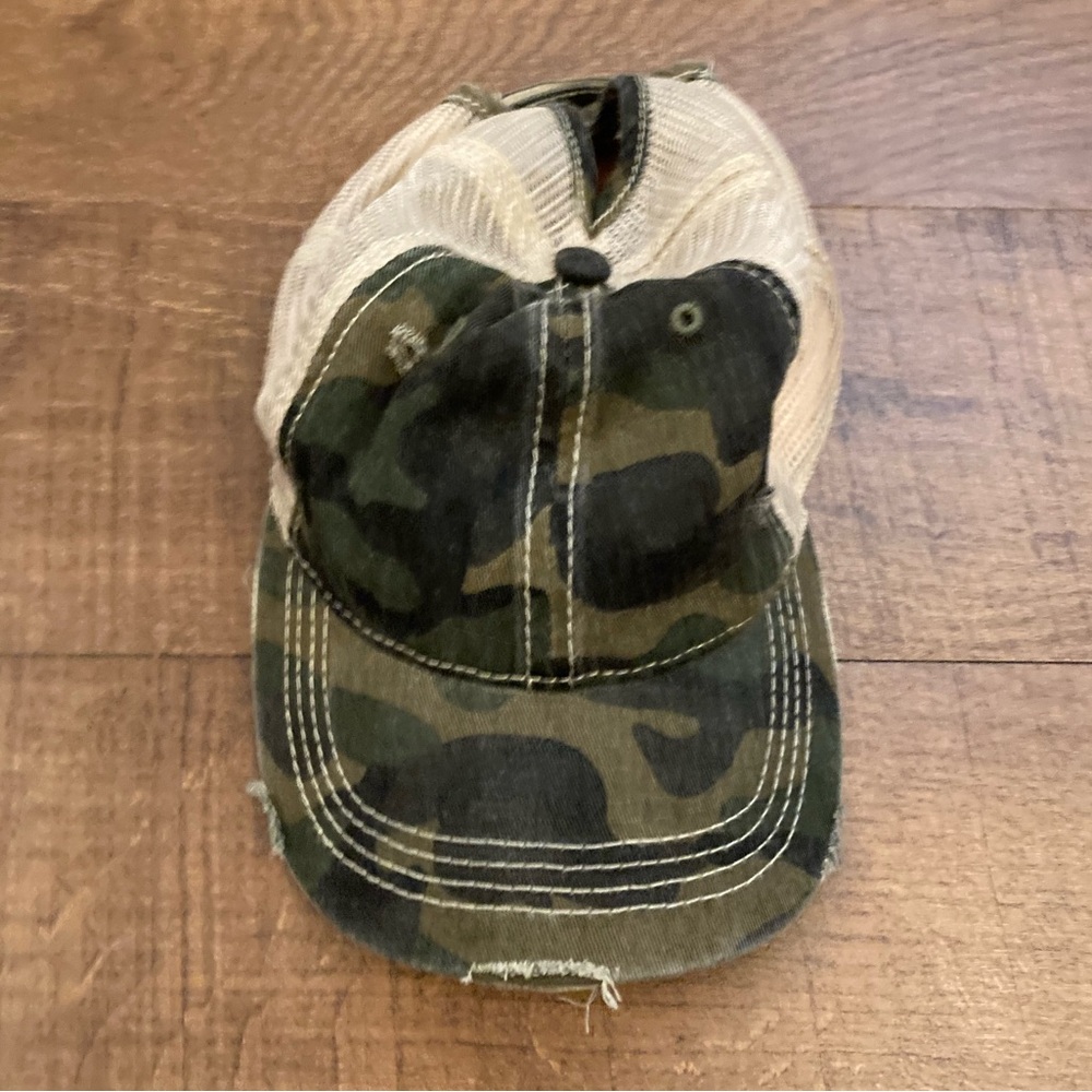 C.C Camo Trucker Hat w/ Pony Tail Distressed StrapBack Adjustable Hunting